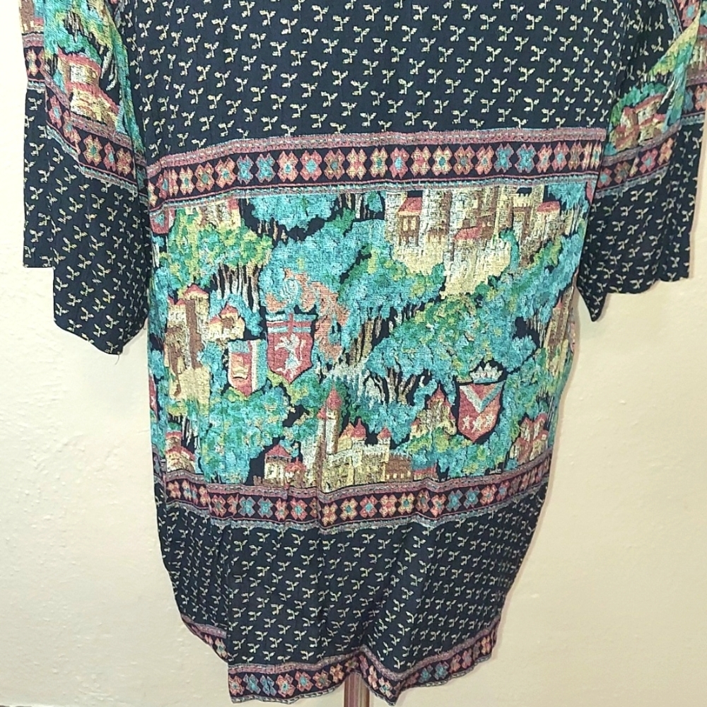 Women's 80s Vintage Karen Kane Boho Tapestry Tunic Top - Picture 5 of 9